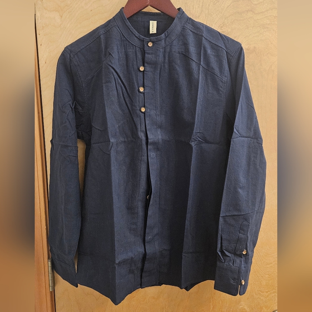 Mandarin Henley button shirt, hemp cotton navy blue